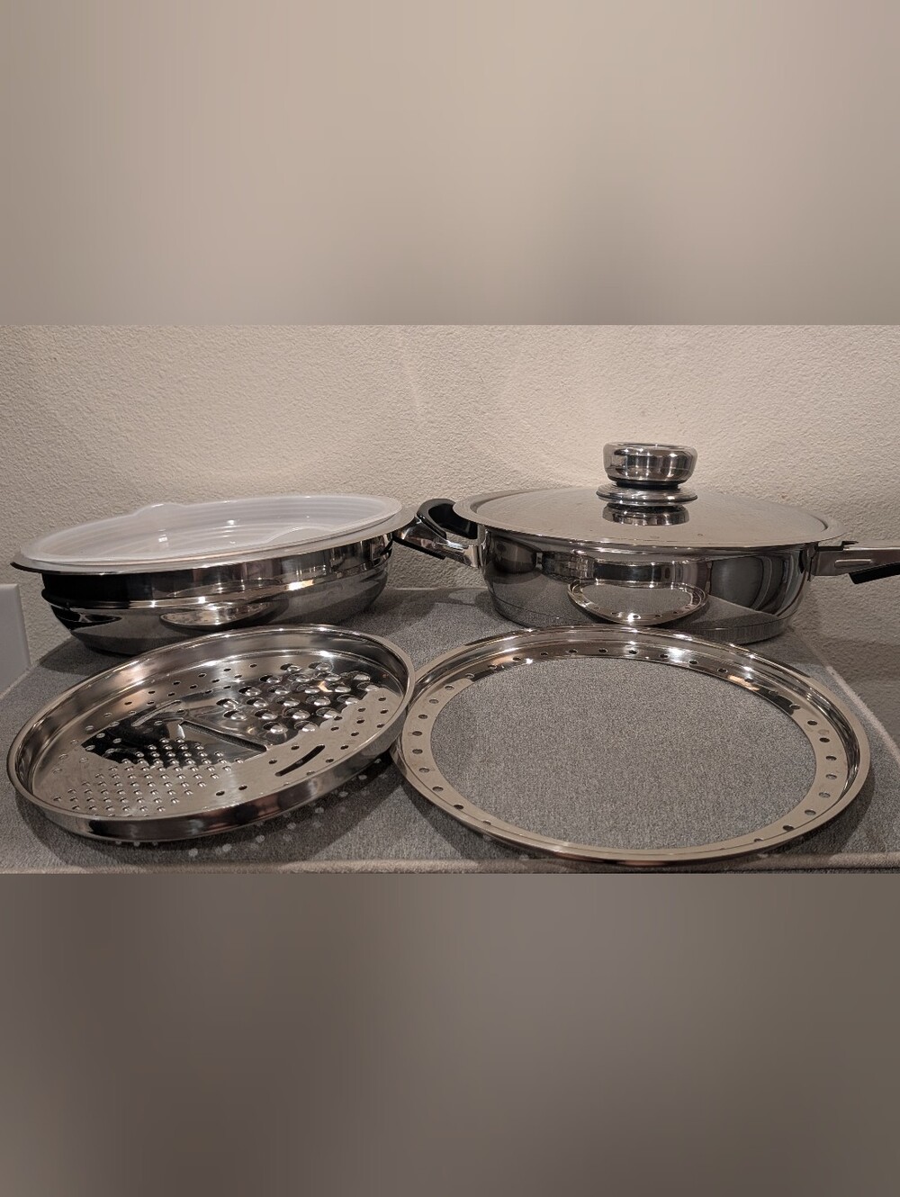 Rainbow Nutri Stahl Stainless Steel Saute Pan w/Double Boiler Cheese Grater Lids